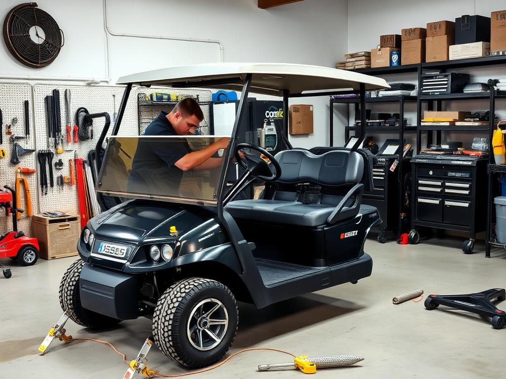 Technician servicing an electric golf cart